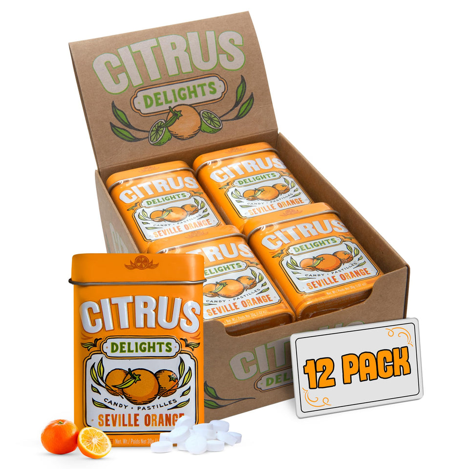 Citrus Delights Seville Orange Candy tin front view with vibrant citrus flavor and convenient reseal