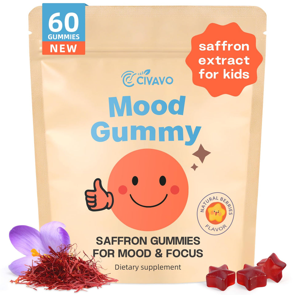 Civavo Saffron Gummies for Kids bottle with berry flavor supports calm mood and focus.