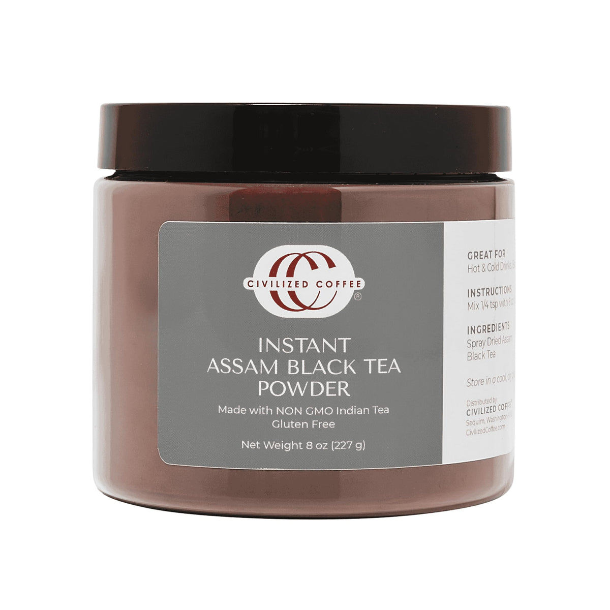 Civilized Coffee instant Assam tea powder bottle ready for quick, flavorful cups.