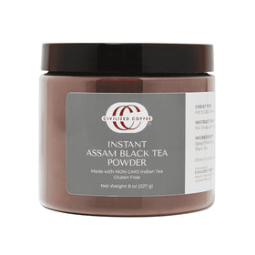 Civilized Coffee instant Assam tea powder bottle ready for quick, flavorful cups.