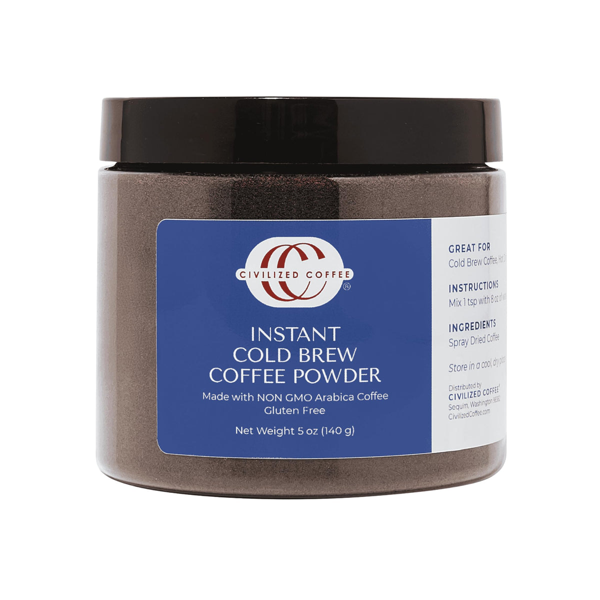 Civilized Coffee instant cold brew powder in a jar for quick, anytime brew