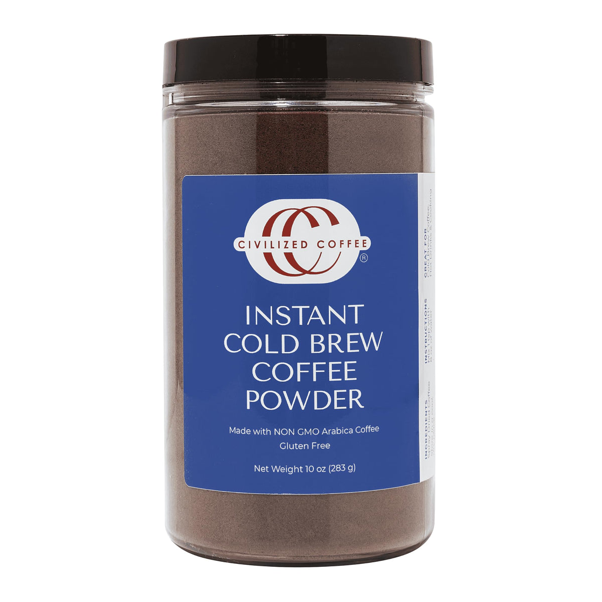Civilized Coffee instant cold brew powder jar close-up, showcasing premium non-GMO Arabica.