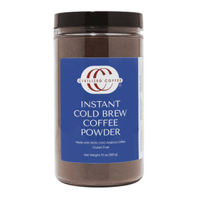 Civilized Coffee instant cold brew powder jar close-up, showcasing premium non-GMO Arabica.