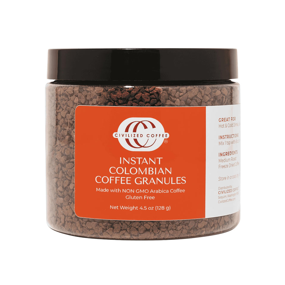 Civilized Coffee instant Colombian granules in classic roast jar for quick premium brew