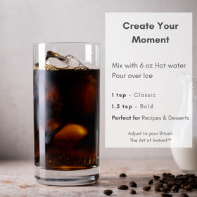 Civilized Coffee instant-dissolve-hot-water shows fast prep for refreshing iced coffee.