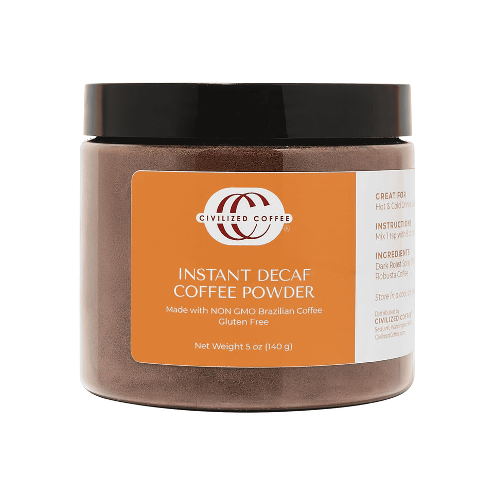Civilized Coffee Premium Decaf Instant Coffee jar with Brazilian dark roast aroma for evenings