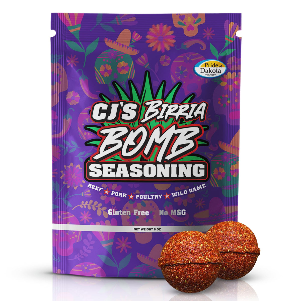CJ's All Terrain Birria Bomb Seasoning 8oz pack on counter for authentic flavor at home