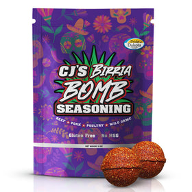 CJ's All Terrain Birria Bomb Seasoning 8oz pack on counter for authentic flavor at home