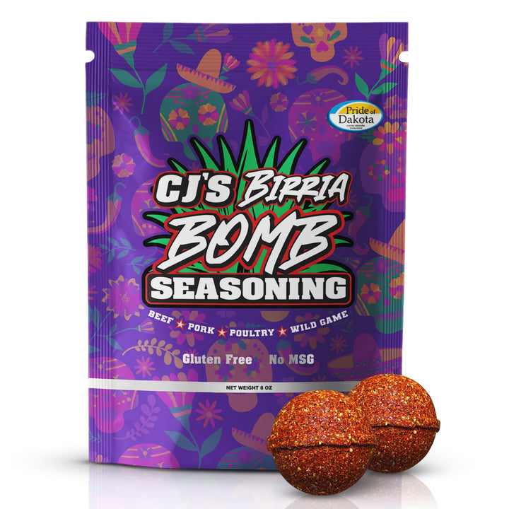 CJ's All Terrain Birria Bomb Seasoning 8oz pack on counter for authentic flavor at home