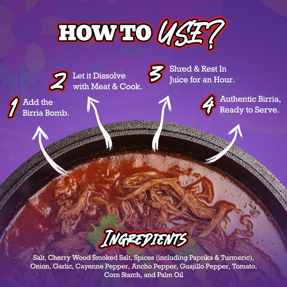 CJ's All Terrain MSG-free Birria Bomb ingredients label visible