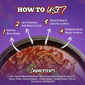 CJ's All Terrain MSG-free Birria Bomb ingredients label visible