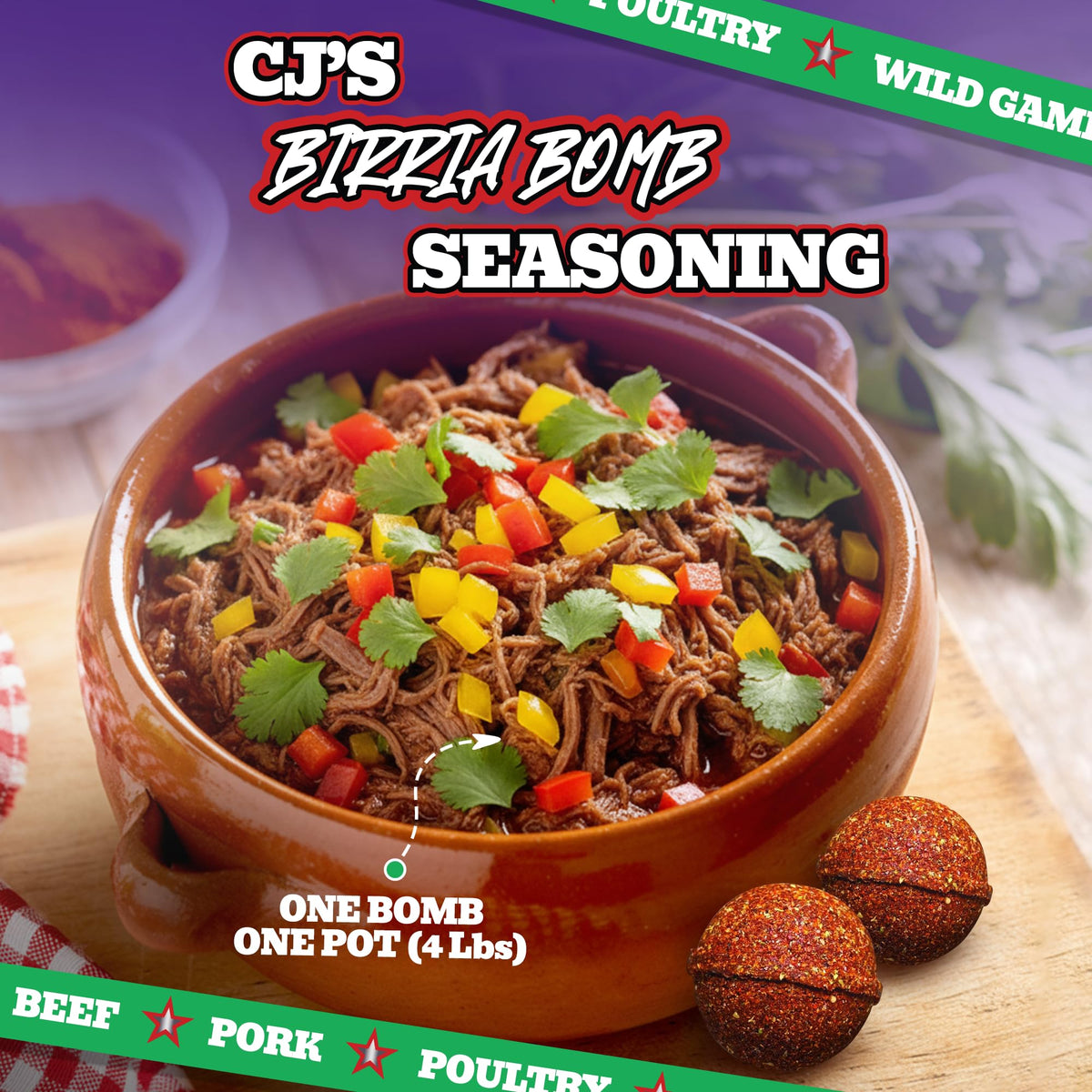 CJ's All Terrain Birria Bombs two bombs serving size shown for easy planning