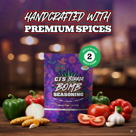 CJ's Birria Bomb seasoning with tacos in a recipe-ready setup