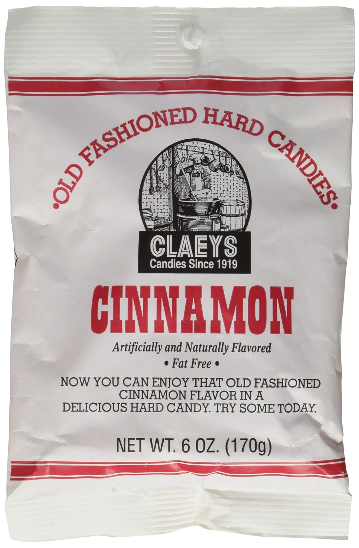 Claeys Candies Cinnamon hard candy 6oz bag showcases classic cinnamon flavor and fat-free snacking.