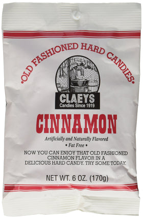 Claeys Candies Cinnamon hard candy 6oz bag showcases classic cinnamon flavor and fat-free snacking.