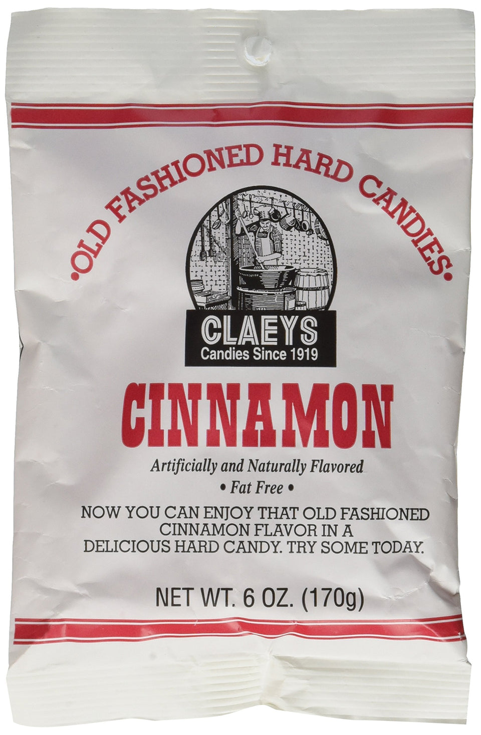 Claeys Candies Cinnamon hard candy 6oz bag showcases classic cinnamon flavor and fat-free snacking.