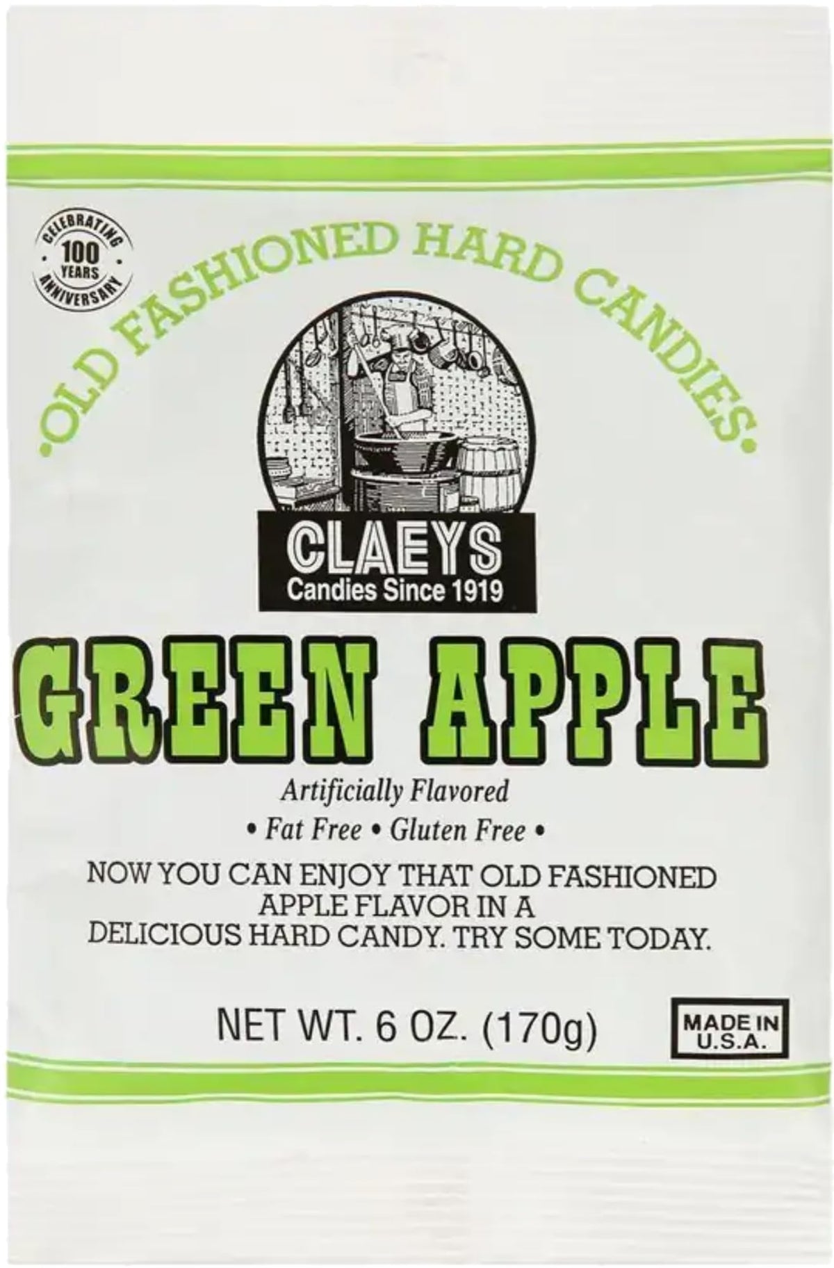 Claey's green apple bags closeup, crisp texture and bright green color.