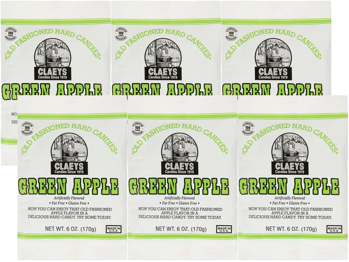 Claey's Green Apple hard candy pack shot, six 6 oz bags, perfect for sharing.