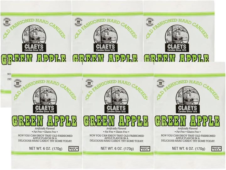 Claey's Green Apple hard candy pack shot, six 6 oz bags, perfect for sharing.