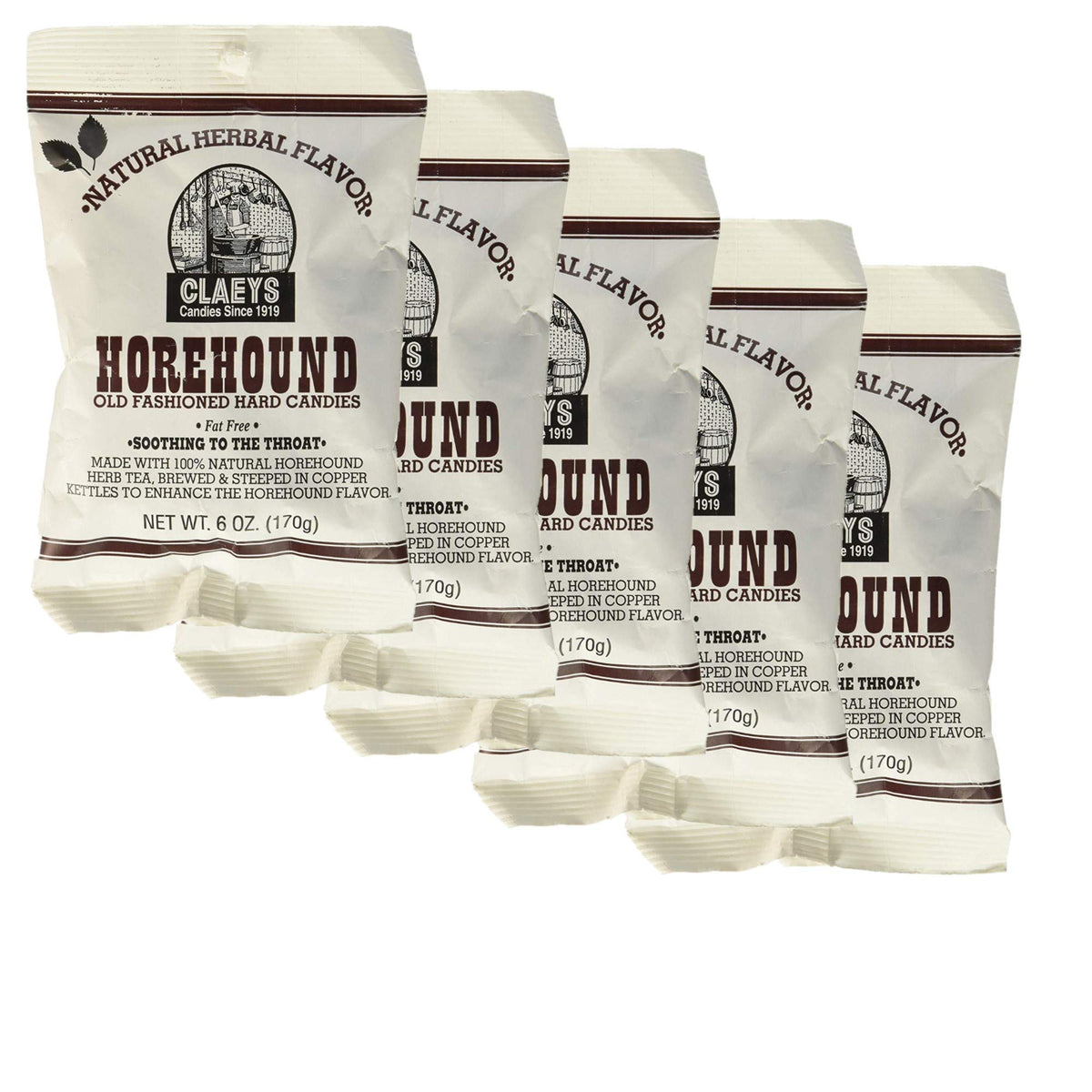 Claeys Horehound hard candy 5-pack 6oz display with glossy wrappers and classic flavor.