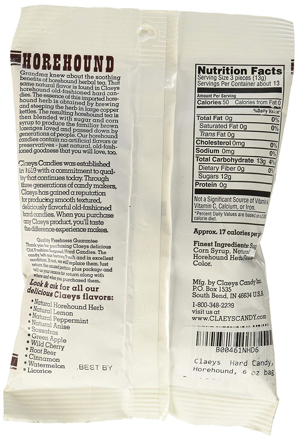 Claeys Horehound hard candy packaging highlights traditional craftsmanship and value.