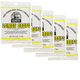 Claey's lemon hard candy 5-pack box front, gluten-free and kosher certified.