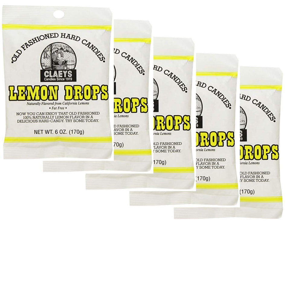 Claey's lemon hard candy 5-pack box front, gluten-free and kosher certified.