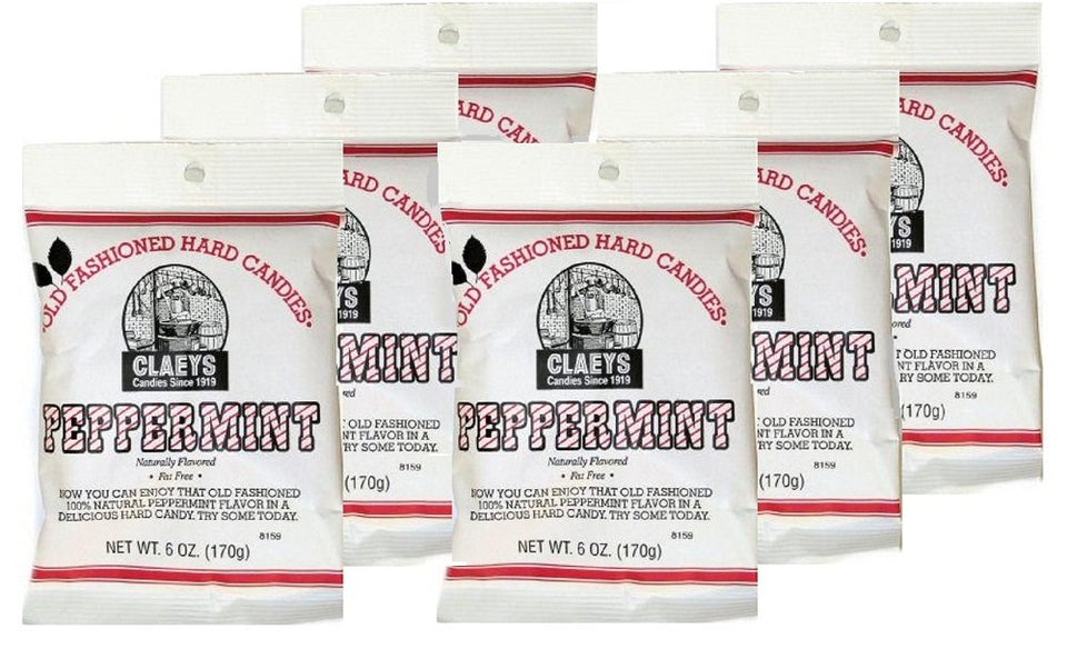 Claey's Natural Peppermint Candy packaging with six 6-ounce bags for easy sharing.