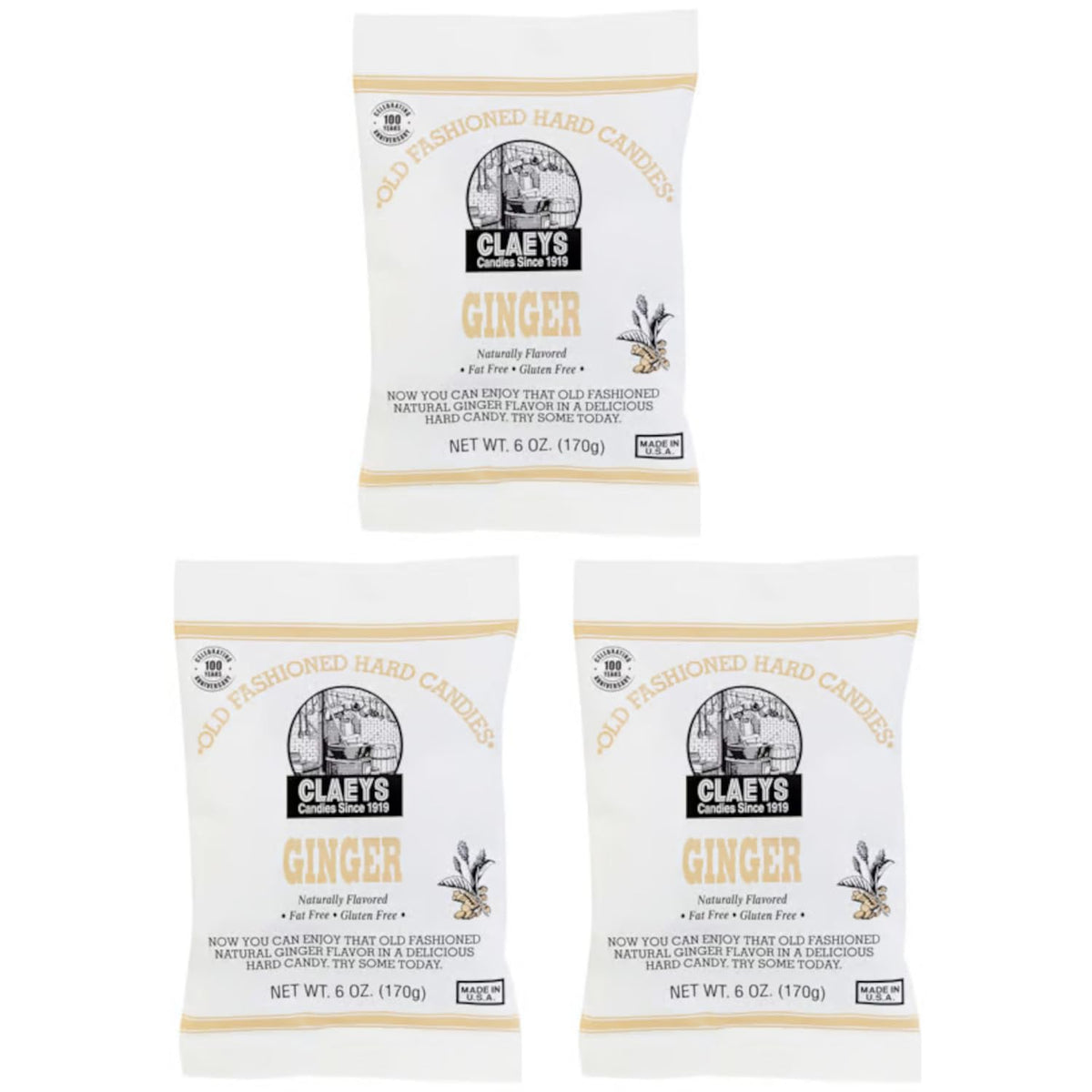 Claeys Old Fashioned Ginger Drops 3-pack display with warm aroma