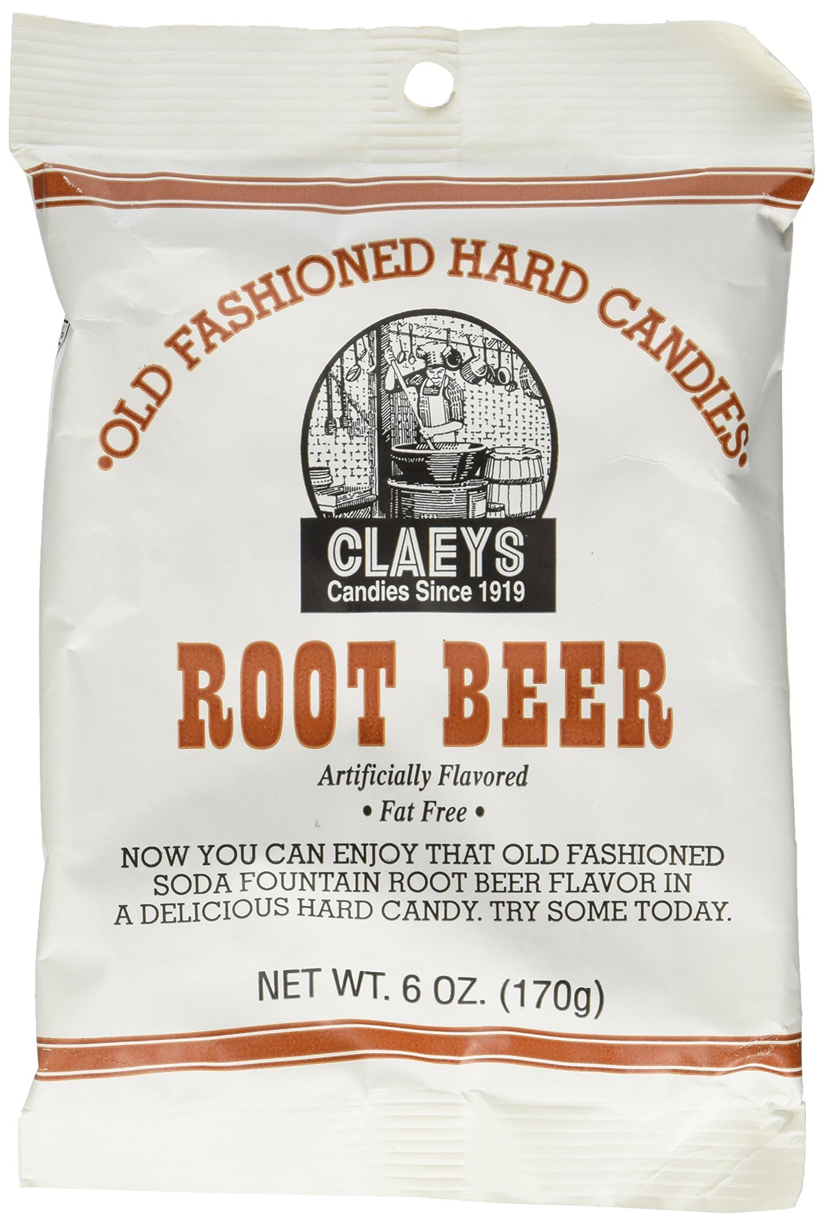 Claeys Root Beer Hard Candy pack shot showing a 6 oz bag ideal for gifting.
