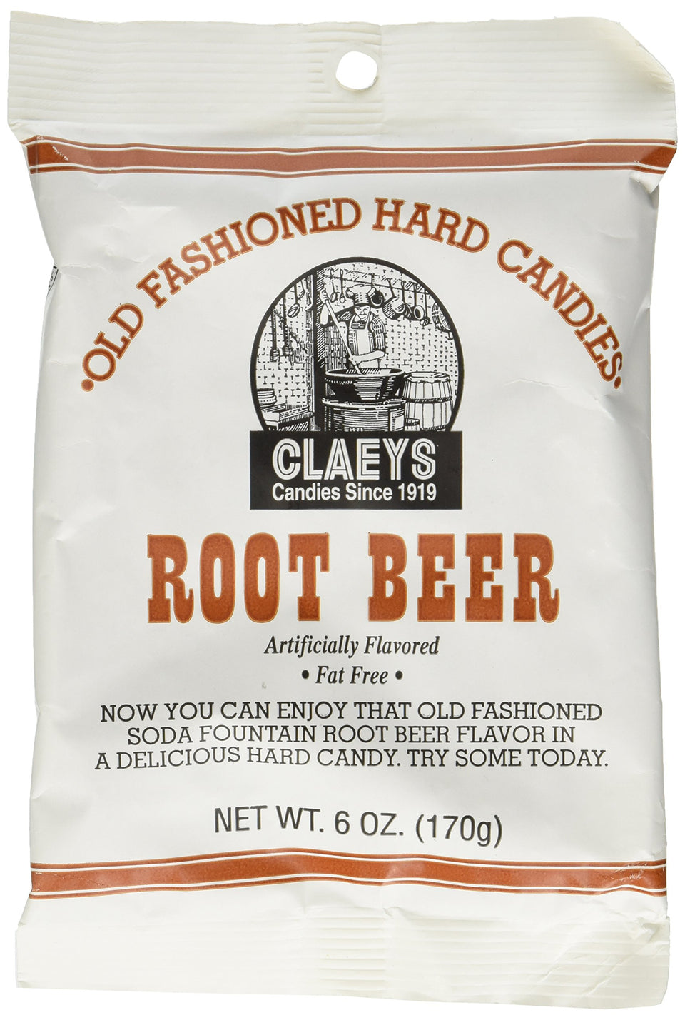 Claeys Root Beer Hard Candy pack shot showing a 6 oz bag ideal for gifting.