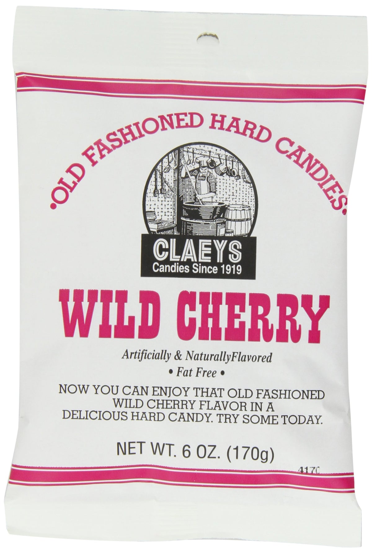 Claey's Wild Cherry Drops pack front, offering fat-free hard candy for cherry flavor on the go