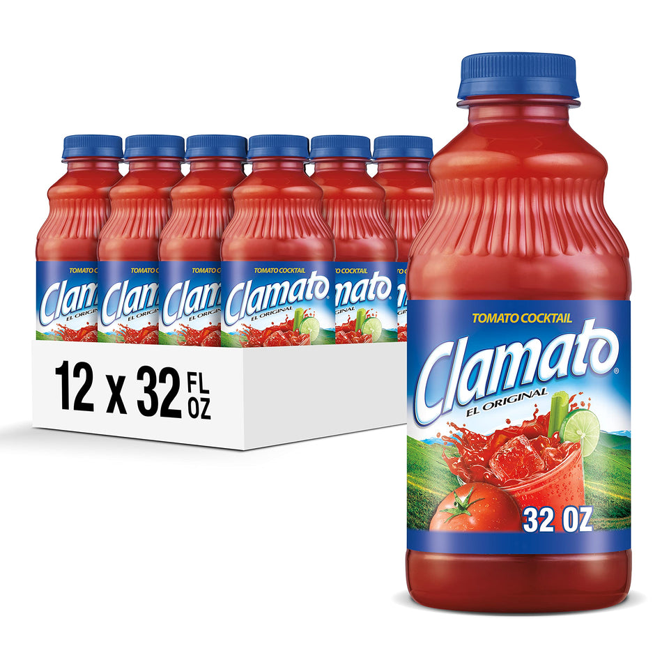 Clamato Original bottle being poured, a zesty mixer for cocktails and seafood dishes.
