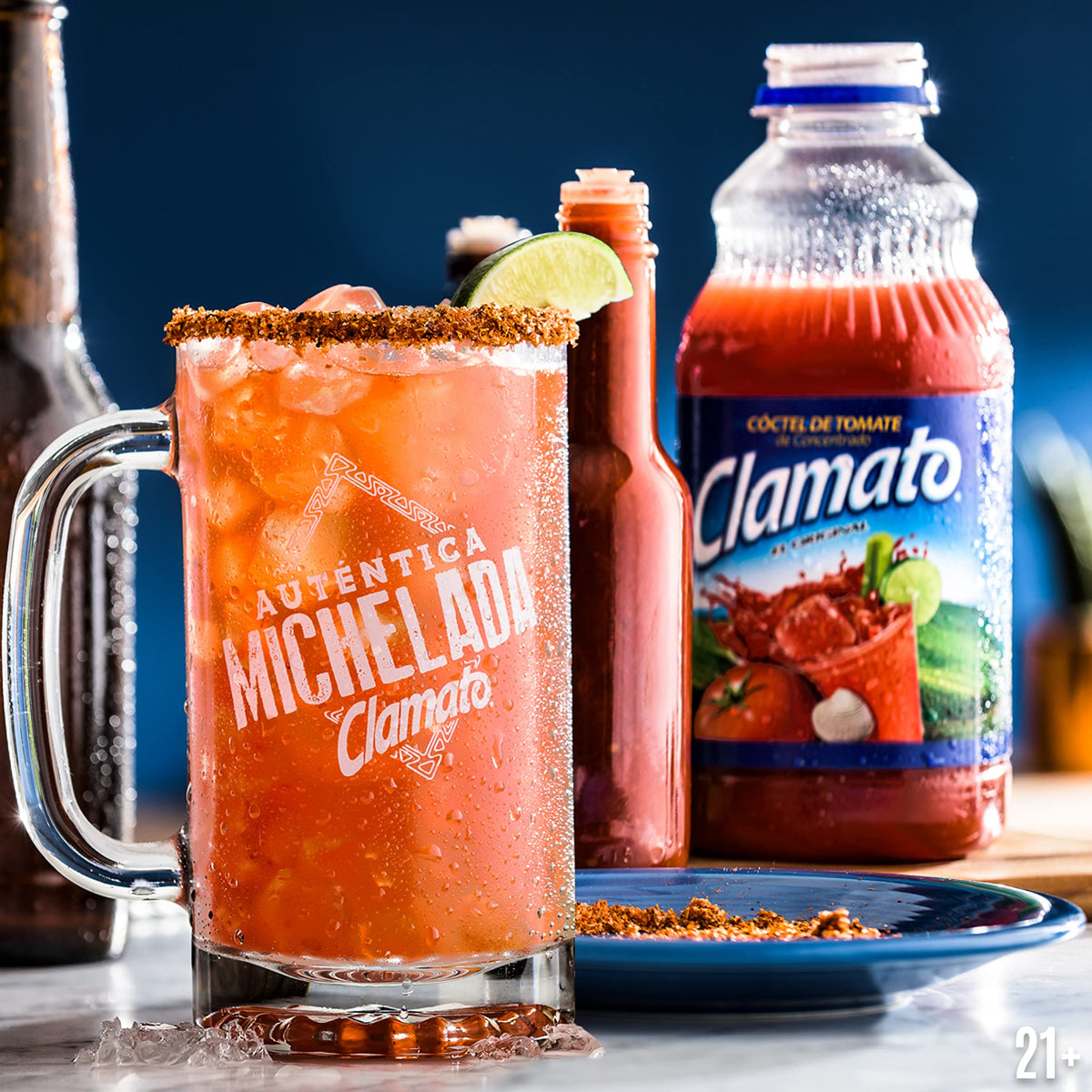Clamato Original eight-bottle display showcasing party-ready versatility.