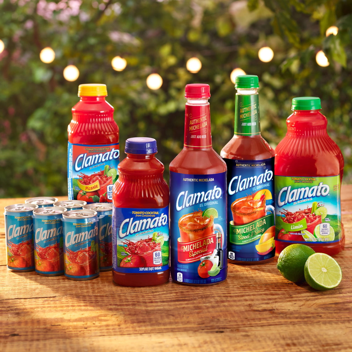 Clamato Original seafood cocktail with shrimp highlights savory tomato-forward elements.