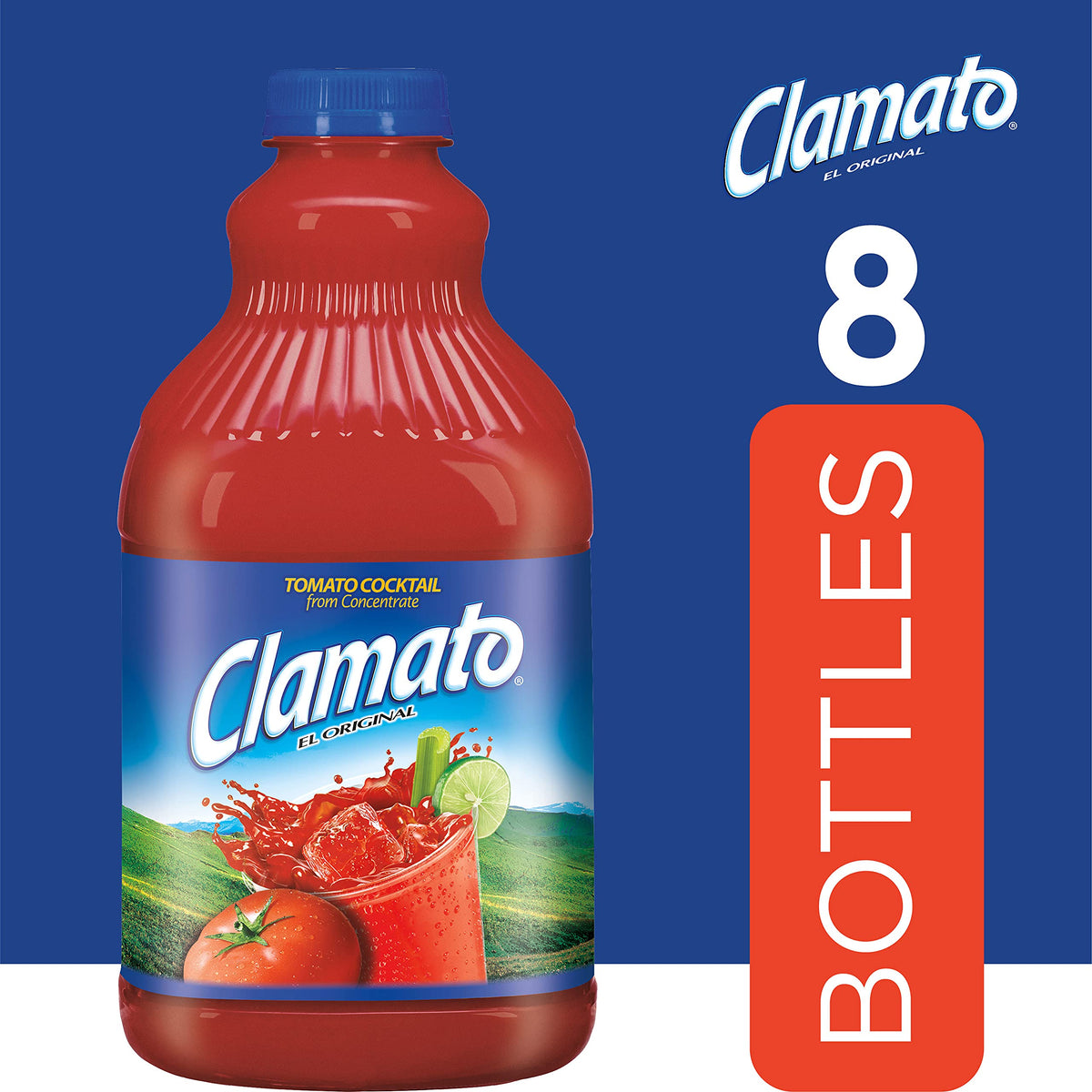 Clamato Original bottle beside a glass, perfect Michelada base for beer cocktails.