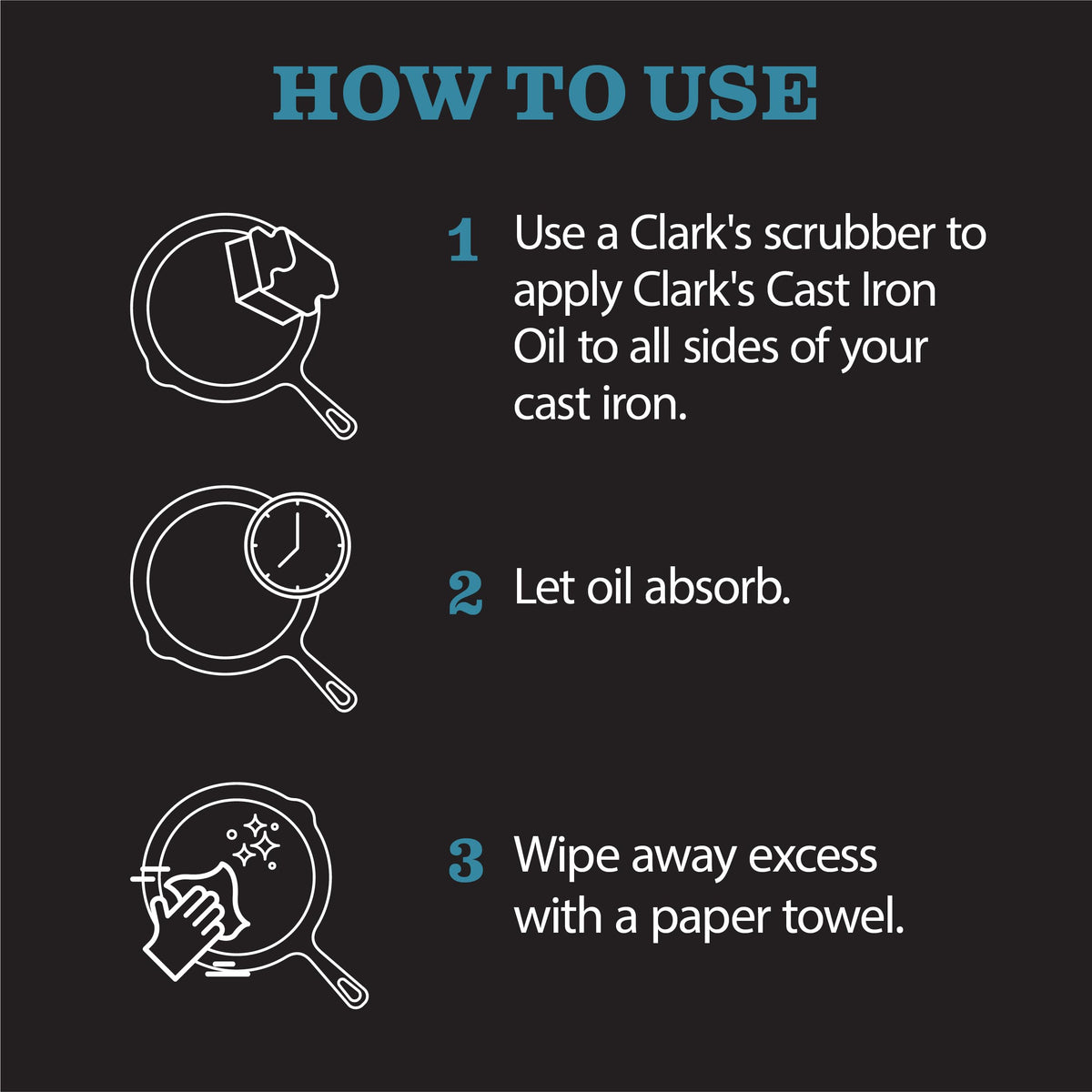 Packaging detail of CLARK'S Cast Iron Oil on shelf.