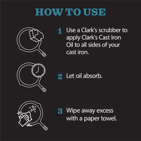 Packaging detail of CLARK'S Cast Iron Oil on shelf.