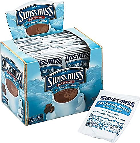 Mug with prepared Swiss Miss no sugar added cocoa, creamy milk chocolate flavor.