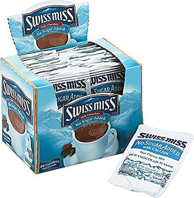 Mug with prepared Swiss Miss no sugar added cocoa, creamy milk chocolate flavor.