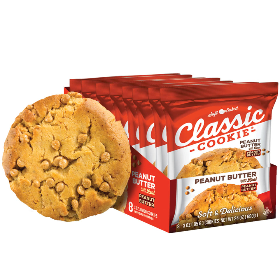 Classic COOKIE soft baked peanut butter cookie close-up in 8-count pack.