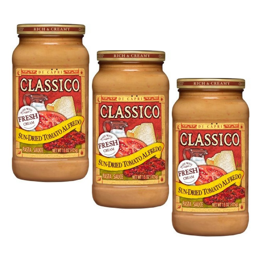 Classico Sun-Dried Tomato Alfredo sauce jar for quick, flavorful weeknight meals.
