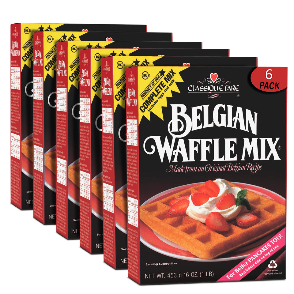 Classique Fare Belgian Waffle Mix box on a kitchen counter for quick breakfasts