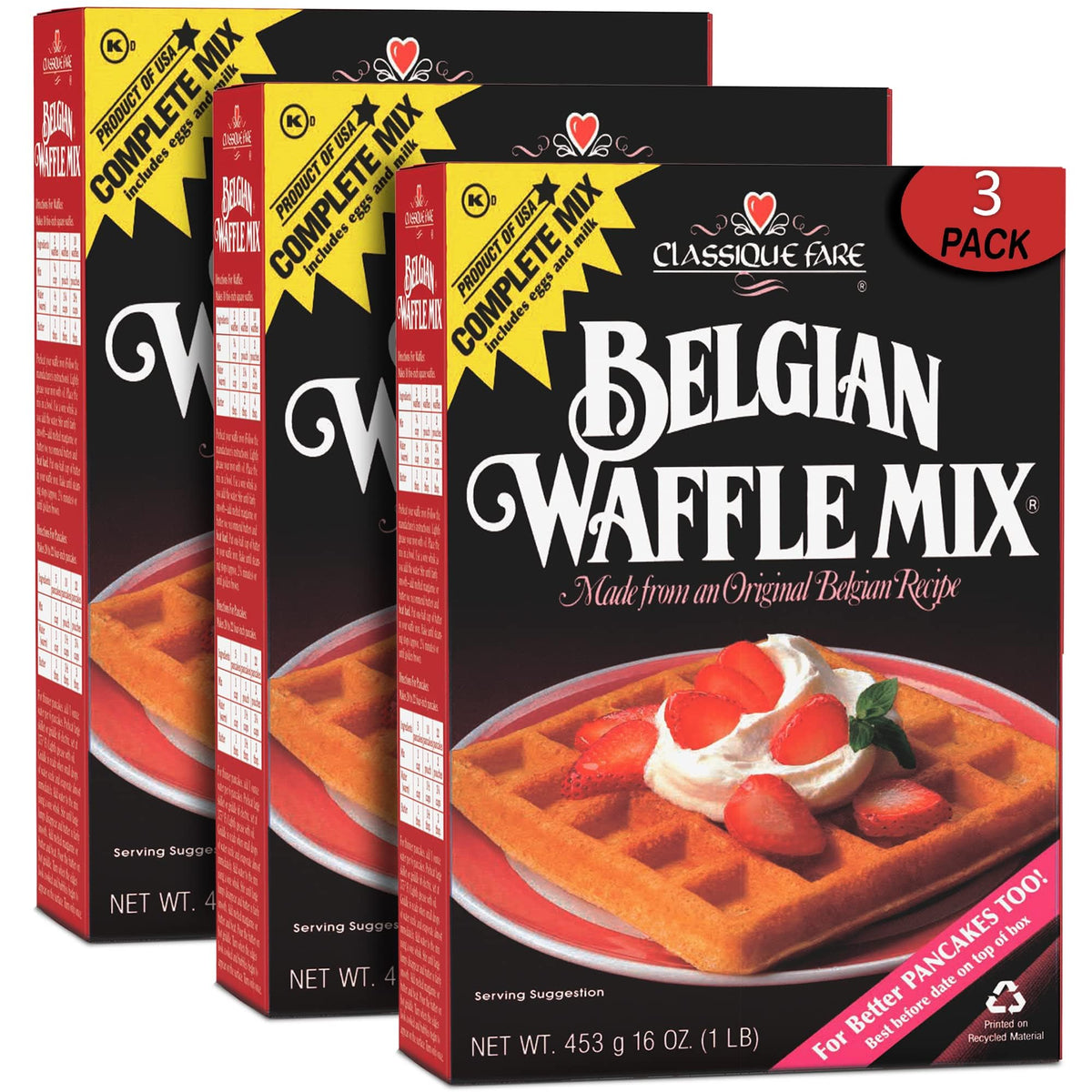 Classique Fare Belgian Waffle Mix packaging with three boxes for fresh breakfast