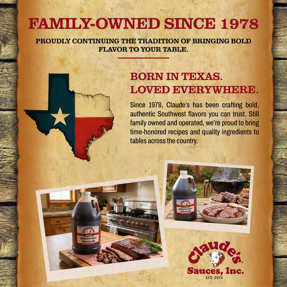 Close-up of Claude's Original BBQ Brisket Marinade bottle emphasizes natural smoke and spices