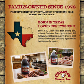 Close-up of Claude's Original BBQ Brisket Marinade bottle emphasizes natural smoke and spices
