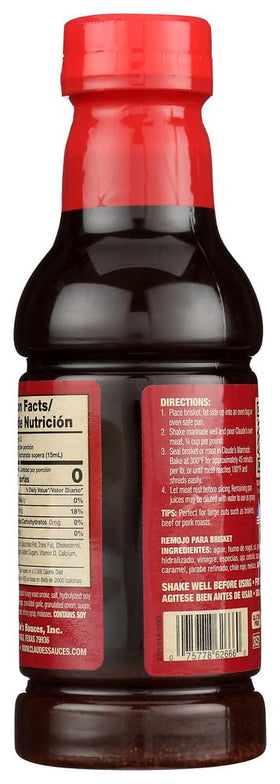 Claude's label closeup shows Texas-made gluten-free brisket marinade