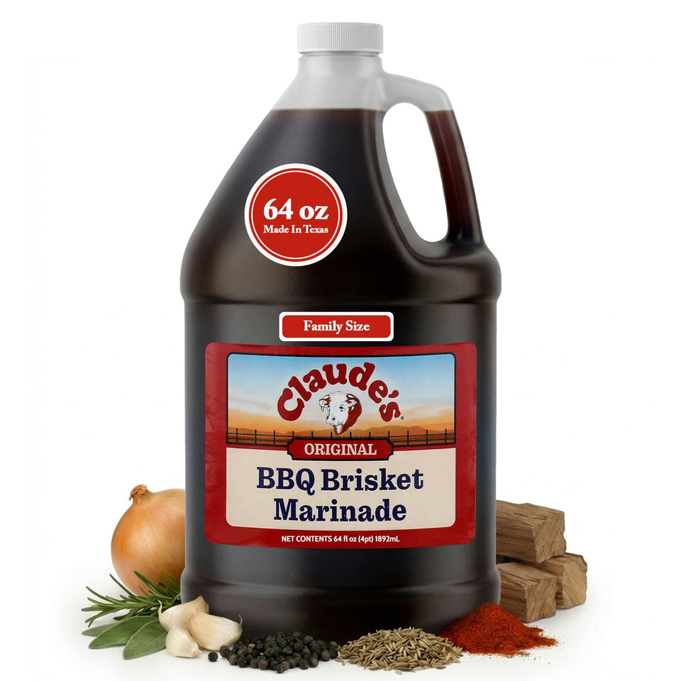Claude's Original BBQ Brisket Marinade bottle shows bold Texas flavor for tender, juicy results