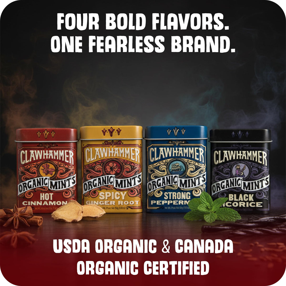 Clawhammer Mints vegan, kosher, gluten-free icons emphasize purity.