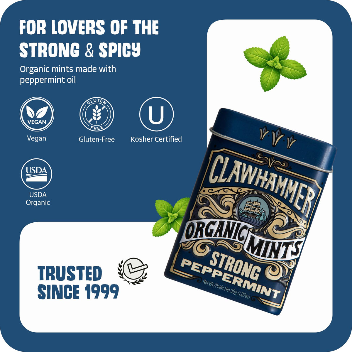 Clawhammer Organic Mints showing 30 mints per tin for daily refreshment